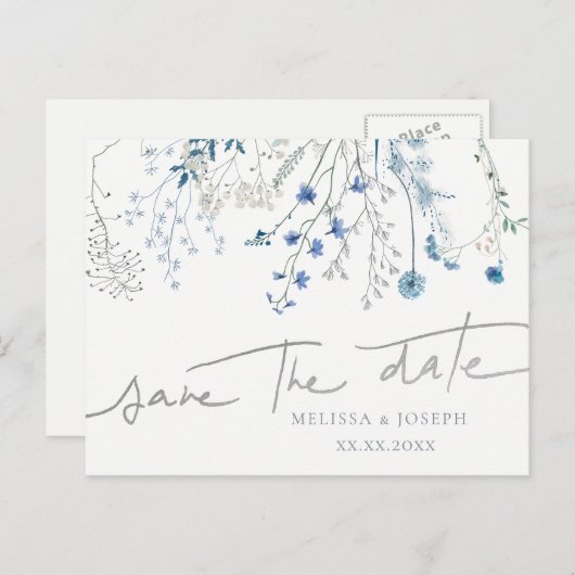 Carte Postale Faire-part fleurs sauvages bleues | sauvegardez la date (Devant / Derrière)