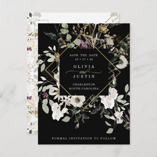 Carte Postale Faire-part Fleurs sauvages de minuit | Enregistrer la date gé (Devant / Derrière)