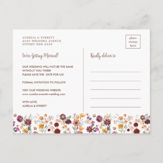 Carte Postale Faire-part Fleurs sauvages lumineuses d'automne Mariage Photo (Dos)