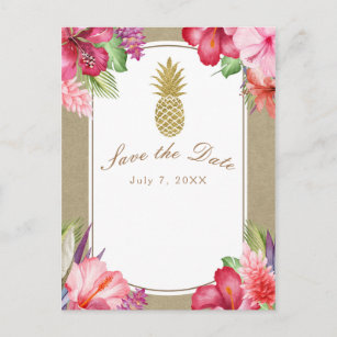 Carte Postale Faire-part Fleurs tropicales et ananas d'or Enregistrer la da