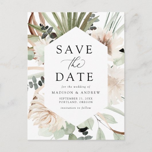 Carte Postale Faire-part Fleurs tropicales neutres Boho Enregistrer la date (Devant)