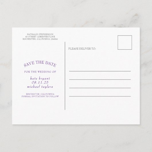 Carte Postale Faire-part Fleurs violettes Élégant moderne Enregistrer la da (Dos)