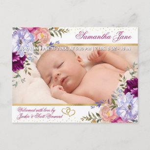 Carte Postale Faire-part Fleurs Violettes et Roses d'Été Naissance de Bébé