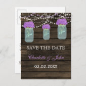 Carte Postale Faire-part Fleurs Violettes Pots Mason Bois de Grange Mariage (Devant / Derrière)