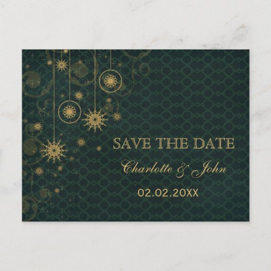 Carte Postale Faire-part flocons de neige or vert Hiver sauvegarder la date (Devant)