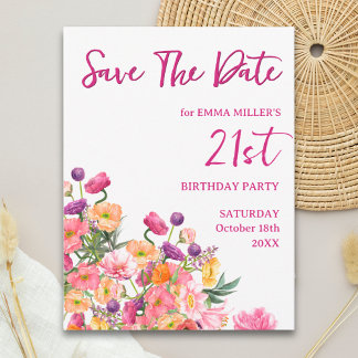 Carte Postale Faire-part Floral 21st Birthday Save the Date - Elegant