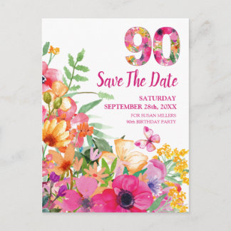 Carte Postale Faire-part Floral 90e Anniversaire Sauvegarder La Date, Éléga