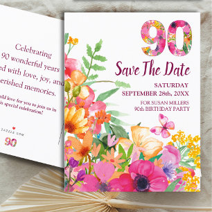 Carte Postale Faire-part Floral 90e Anniversaire Sauvegarder La Date, Eléga