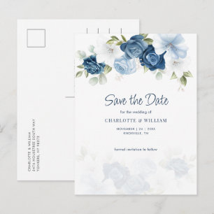 Carte Postale Faire-part Floral Bleu Dusty Enregistrer La Date