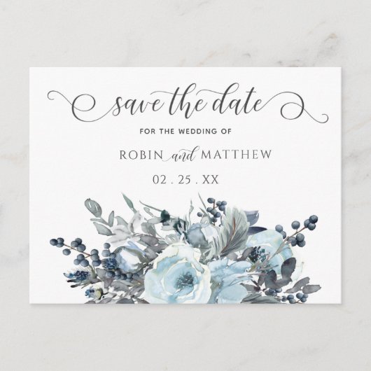 Carte Postale Faire-part Floral bleu Dusty, Script moderne, Enregistrer la (Devant)