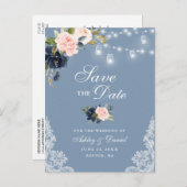 Carte Postale Faire-part Floral bleu rose bleu foncé Enregistrer la date (Devant / Derrière)