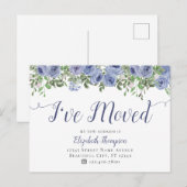 Carte Postale Faire-part Floral J'Ai Déménagé Nouvelle Adresse Blue Moving (Devant / Derrière)