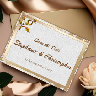 Carte Postale Faire-part Floral or rose et Mariage lin