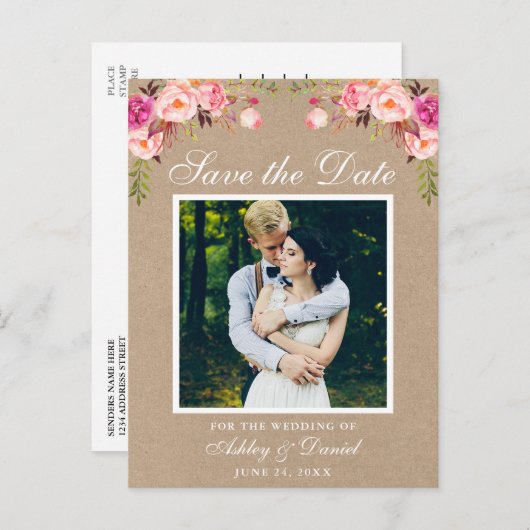 Carte Postale Faire-part Floral rose Enregistrer la date Photo Kraft (Devant / Derrière)