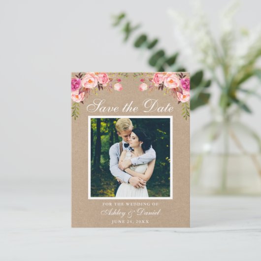 Carte Postale Faire-part Floral rose Enregistrer la date Photo Kraft (Debout devant)