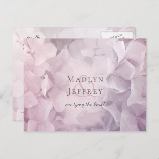 Carte Postale Faire-part Floral rose violet Hydrangea enregistrer la date (Devant / Derrière)