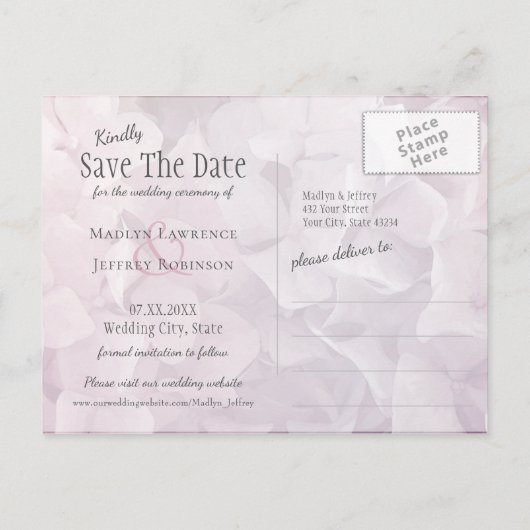 Carte Postale Faire-part Floral rose violet Hydrangea enregistrer la date (Dos)