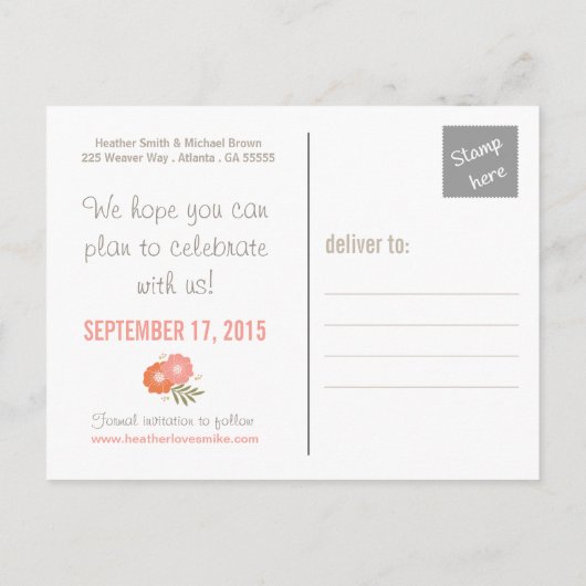 Carte Postale Faire-part Floral rustique Enregistrer la date (Dos)