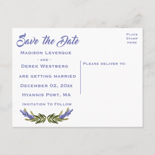Carte Postale Faire-part Floral Save the Date Lavender Purple Mariage (Dos)