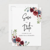 Carte Postale Faire-part Floral Script Bourgogne Mariage Enregistrer La Dat (Devant / Derrière)