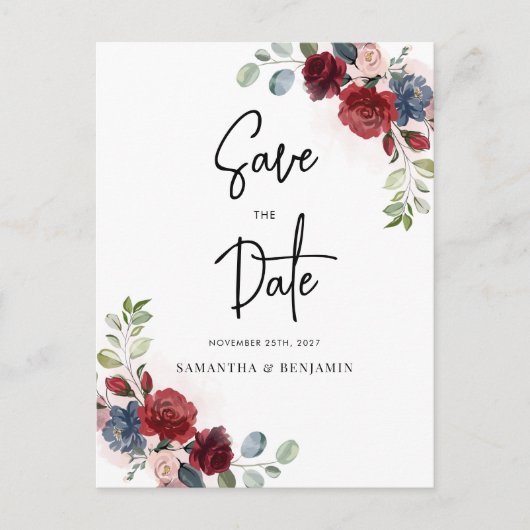 Carte Postale Faire-part Floral Script Bourgogne Mariage Enregistrer La Dat (Devant)