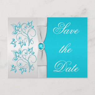 Carte Postale Faire-part Floral Turquoise et Argent Enregistrer la date