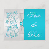 Carte Postale Faire-part Floral Turquoise et Argent Enregistrer la date (Devant)