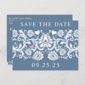 Carte Postale Faire-part Floral victorien Français Bleu Damas Enregistrer l (Devant / Derrière)