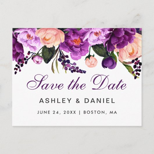 Carte Postale Faire-part Floral Violet Ultra Violet Enregistrer La Date PS (Devant)
