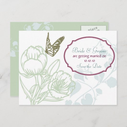 Carte Postale Faire-part Flore et papillon illustrés Enregistrer la date (Devant / Derrière)