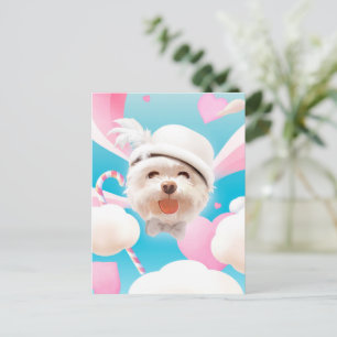 Carte Postale Faire-part Fluffy Dog avec Casquette blanc
