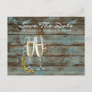 Carte Postale Faire-part flûtes de champagne grange bleu rustique mariage