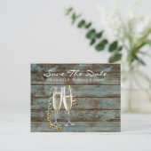 Carte Postale Faire-part flûtes de champagne grange bleu rustique mariage (Debout devant)