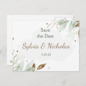 Carte Postale Faire-part Foliage Botanical Gold Turquoise Enregistrer les d (Devant / Derrière)