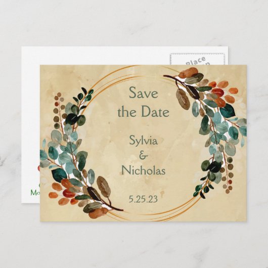 Carte Postale Faire-part Foliage Botanique Automne Sauver les dates (Devant / Derrière)