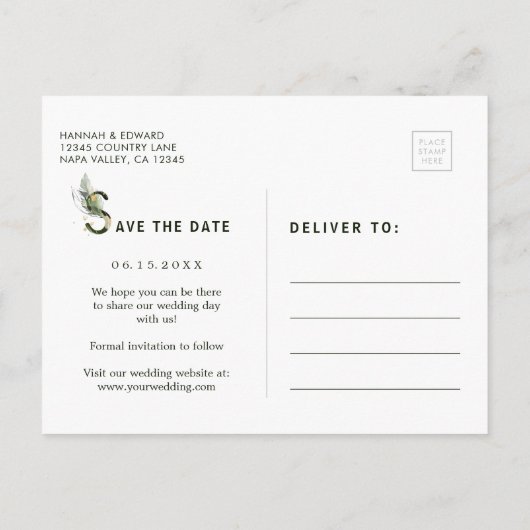 Carte Postale Faire-part Foliage tropical photo mariage Enregistrer la date (Dos)