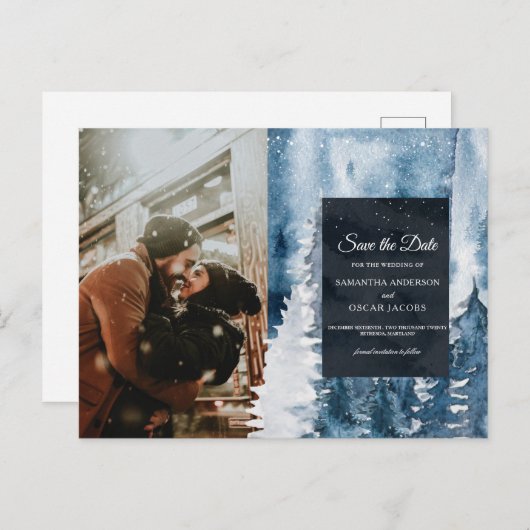 Carte Postale Faire-part Forêt aquarelle hivernale & Bleu marine & Annonce (Devant / Derrière)