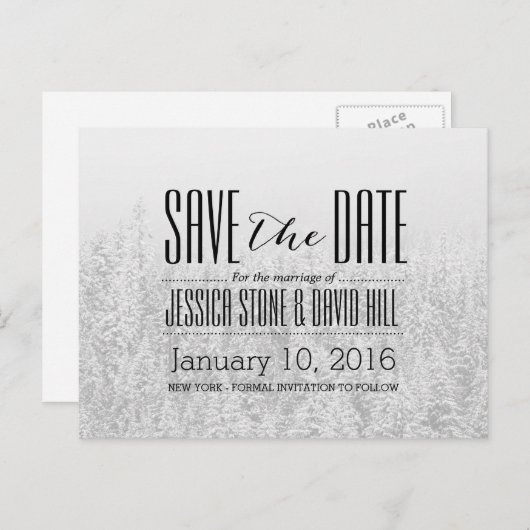 Carte Postale Faire-part Forêt de neige d'hiver Élégant mariage Enregistrer (Devant / Derrière)