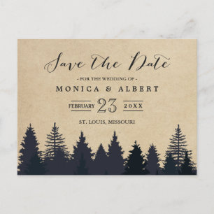 Carte Postale Faire-part Forêt rustique de pins Kraft Sauvez la date