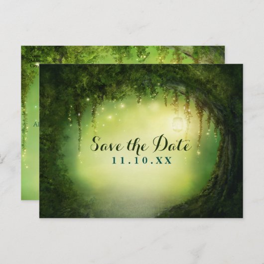 Carte Postale Faire-part Forêt Rustique Enchantée Rêvée Enregistrer la Date (Devant / Derrière)