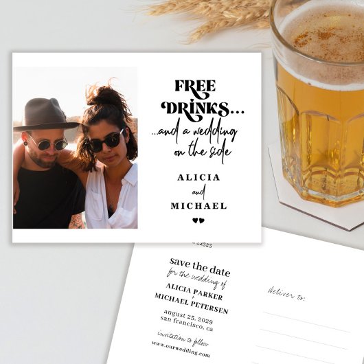 Carte Postale Faire-part Free drinks funny photo wedding save the date