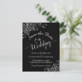Carte Postale Faire-part Frills d'argent sur Black Chic Wedding Enregistrer (Debout devant)