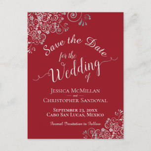 Carte Postale Faire-part Frills d'argent sur Crimson Mariage rouge Enregist