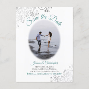 Carte Postale Faire-part Frills en argent avec photo Mariage Turquoise Enre