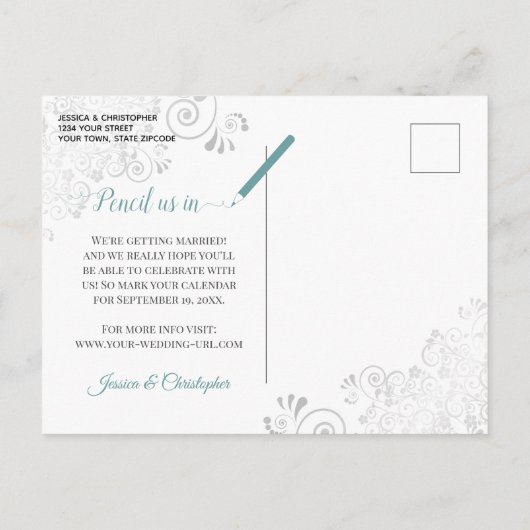 Carte Postale Faire-part Frills en argent avec photo Mariage Turquoise Enre (Dos)