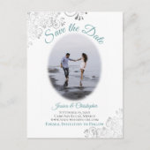 Carte Postale Faire-part Frills en argent avec photo Mariage Turquoise Enre (Devant)