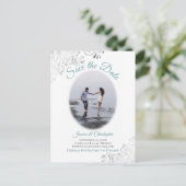 Carte Postale Faire-part Frills en argent avec photo Mariage Turquoise Enre (Debout devant)