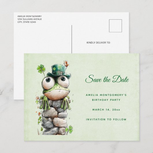 Carte Postale Faire-part Frog with Green Hat and Shamrock Cute (Devant / Derrière)