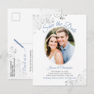 Carte Postale Faire-part Fronces Argentés avec Photo Bleue Mariage Épargnez