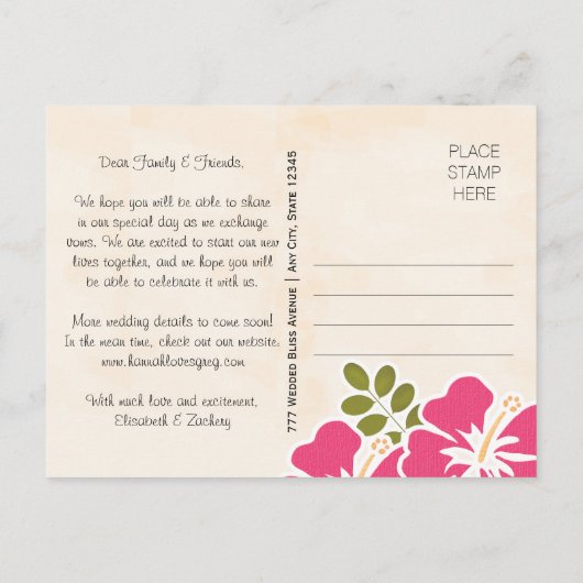 Carte Postale Faire-part Fuchsia Hibiscus Hawaiian Enregistrer la date Cart (Dos)